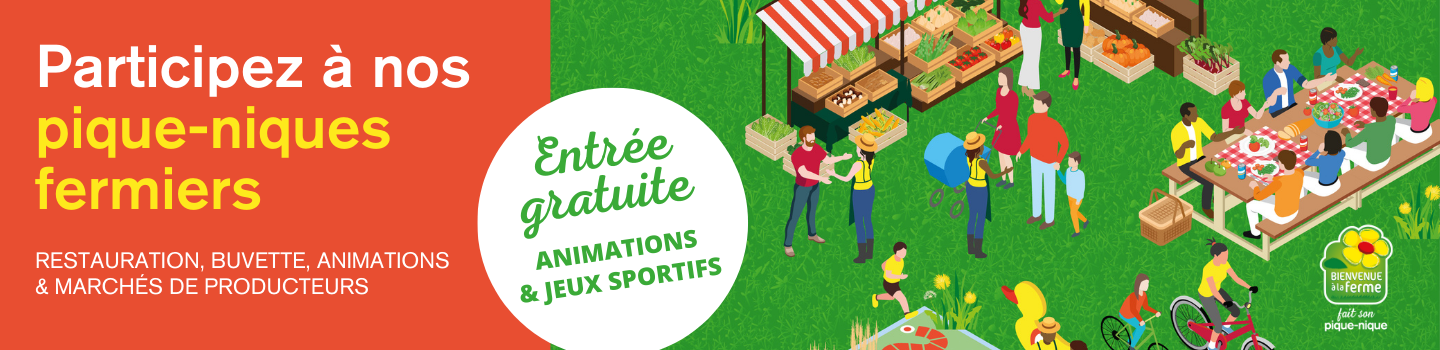 Participez à nos pique-niques fermiers. Restauration, buvette, animations, jeux sportifs et marchés de produteurs. Entrée gratuite.